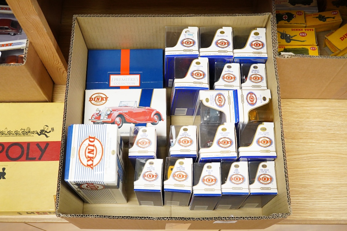 Fifteen boxed military Dinky Toys and Supertoys including; Recovery Tractor (661), 10-ton Army Truck (622), Military Ambulance (626), Army Water Tanker (643), etc. plus three unboxed vehicles, together with two Matchbox